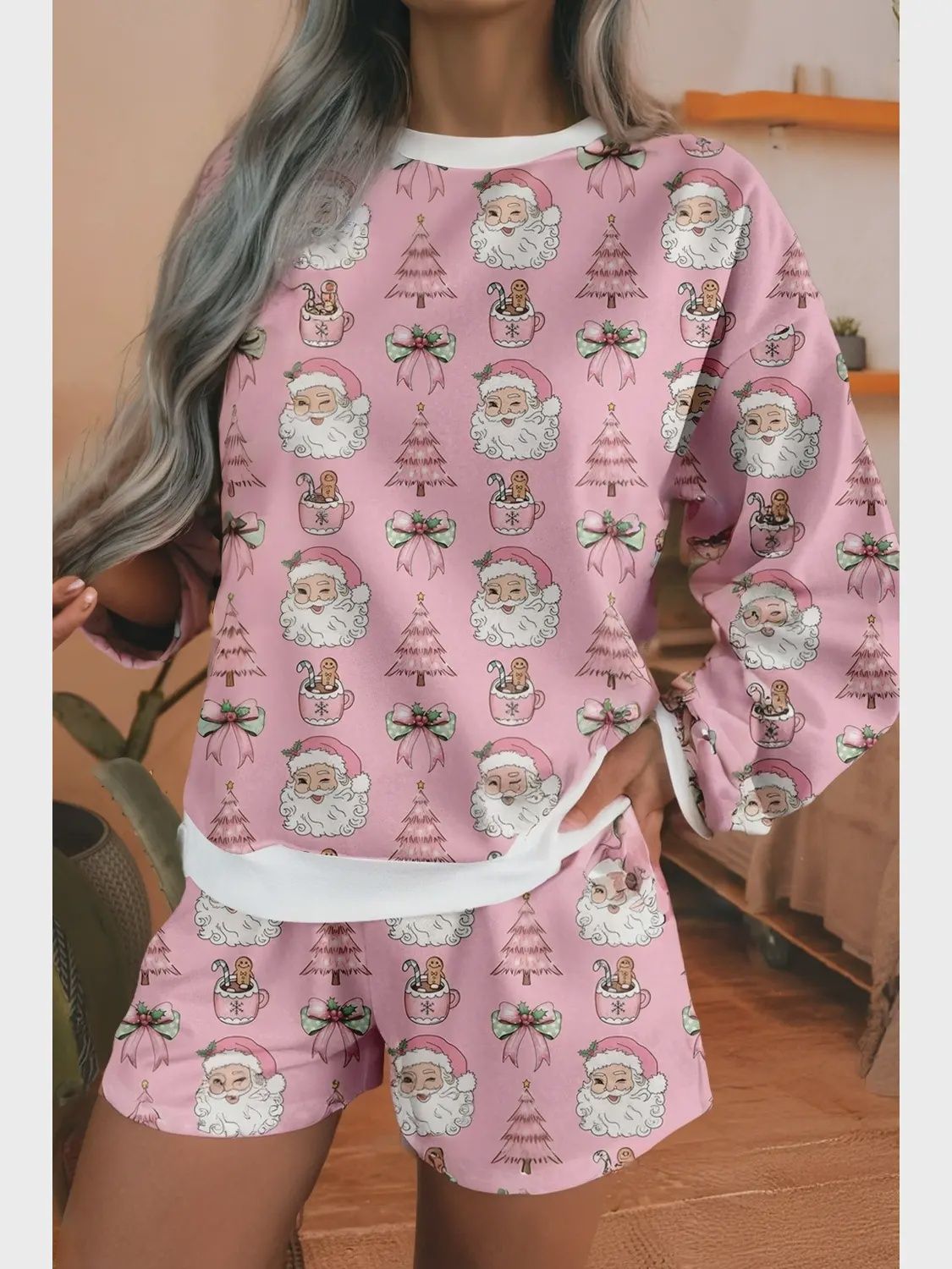Christmas Fashion Print 2pcs Lounge Short Set, Size: Small