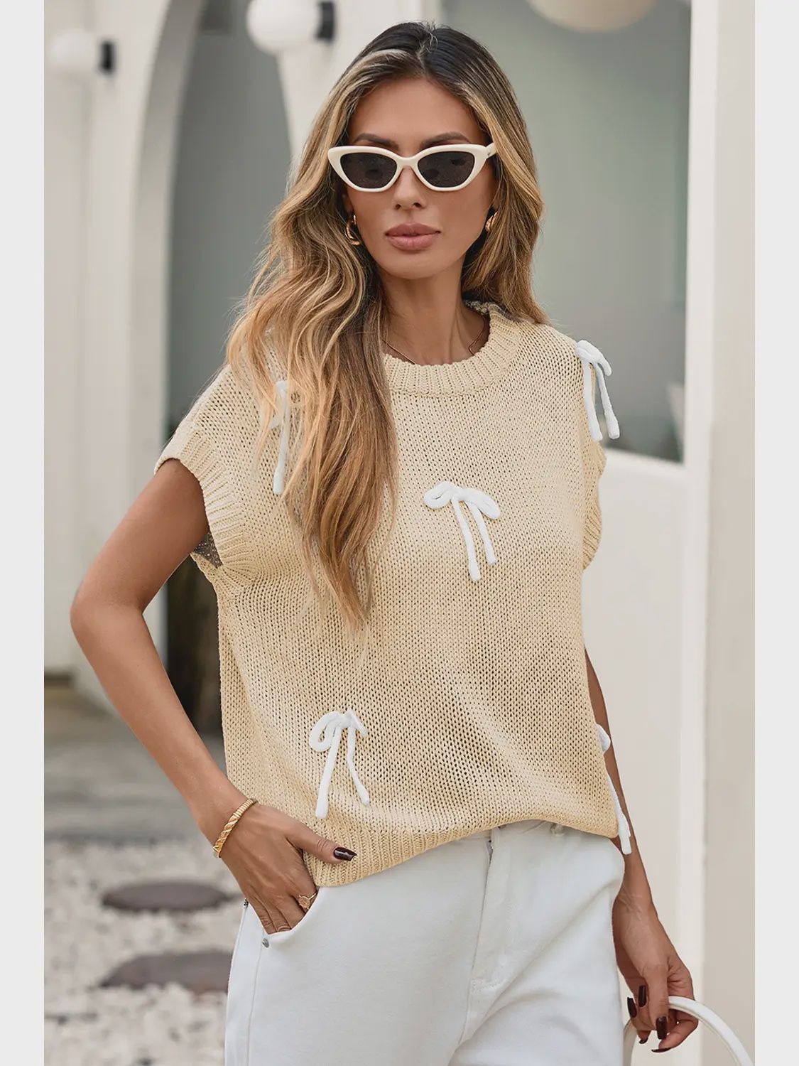 Bowknot Applique Cap Sleeve Sweater, Size: Small