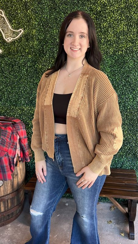 Mineral Wash Contrast Patch Open Cardigan
