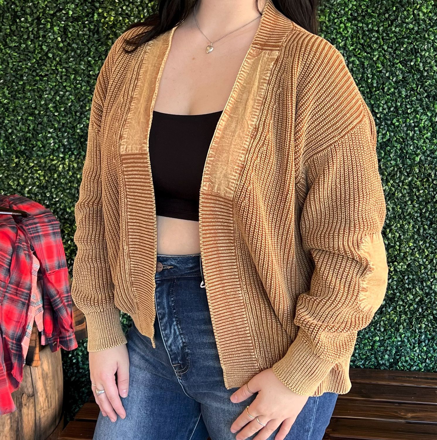 Mineral Wash Contrast Patch Open Cardigan, Color: Camel, Size: Small