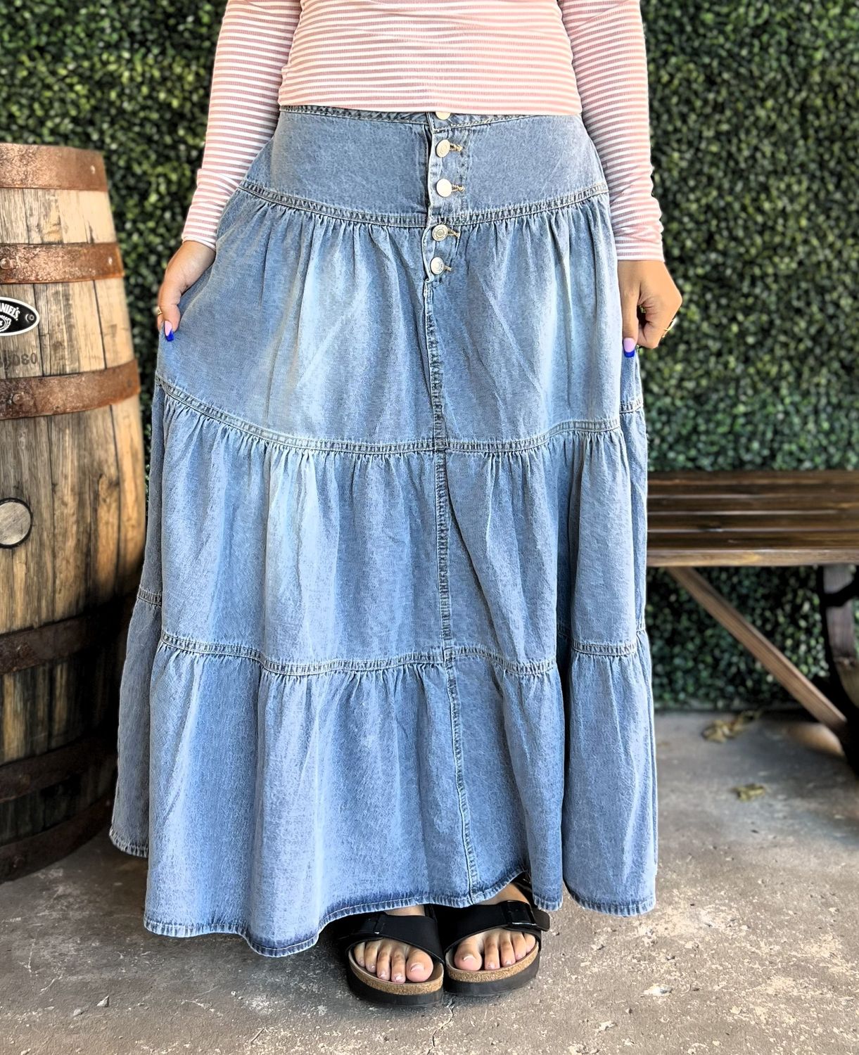 Bohemian Tiered Denim Skirt A-Line, Size: Small