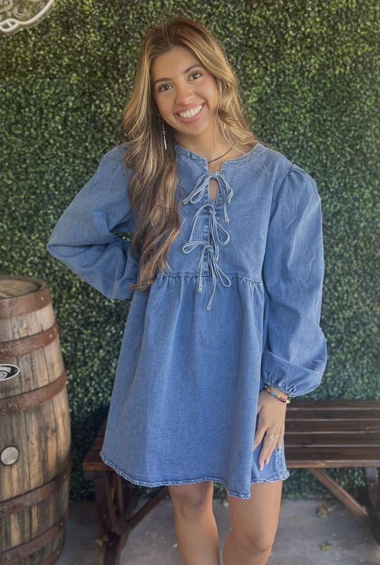 Fall Denim Dress with Puff Sleeves &amp; Tie-Front Detail