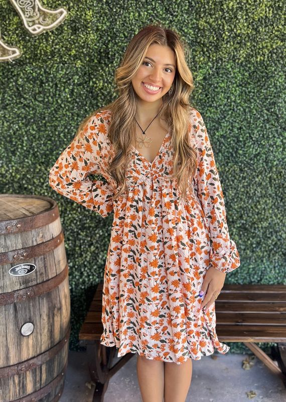 Floral Deep V Neck Smocked Bubble Sleeve Mini Dress
