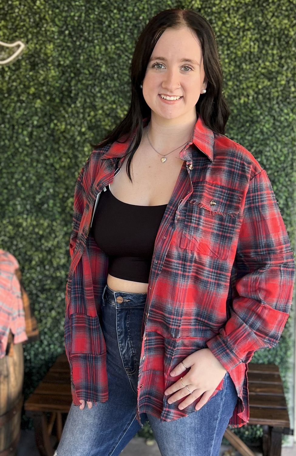 Plaid Shirt Oversized Long Shacket, Color: Red, Size: Small