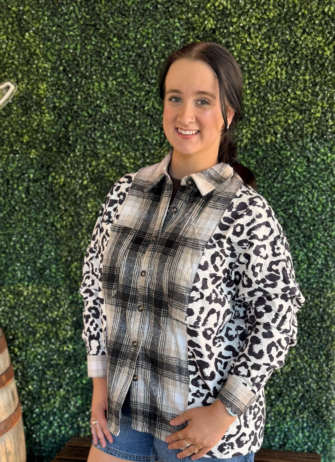 Plaid Leopard Patchwork Shacket Plus Size, Size: 1X-Large