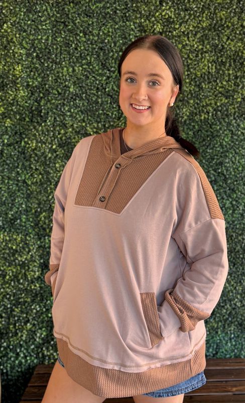 Waffle Contrast Patchwork Plus Size Pocketed Hoodie
