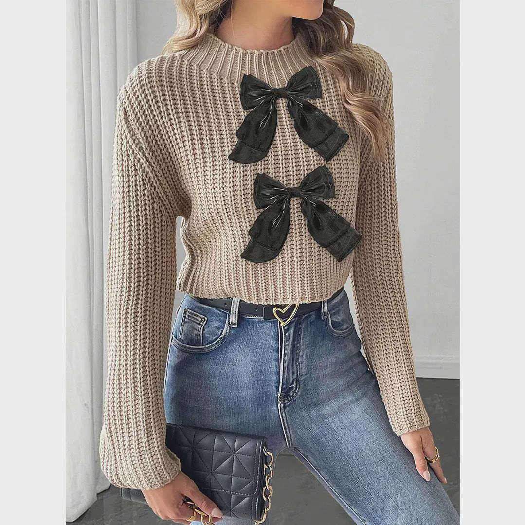 Bow Patchwork Bell Sleeve Turtleneck Pullover Sweater, Size: Small