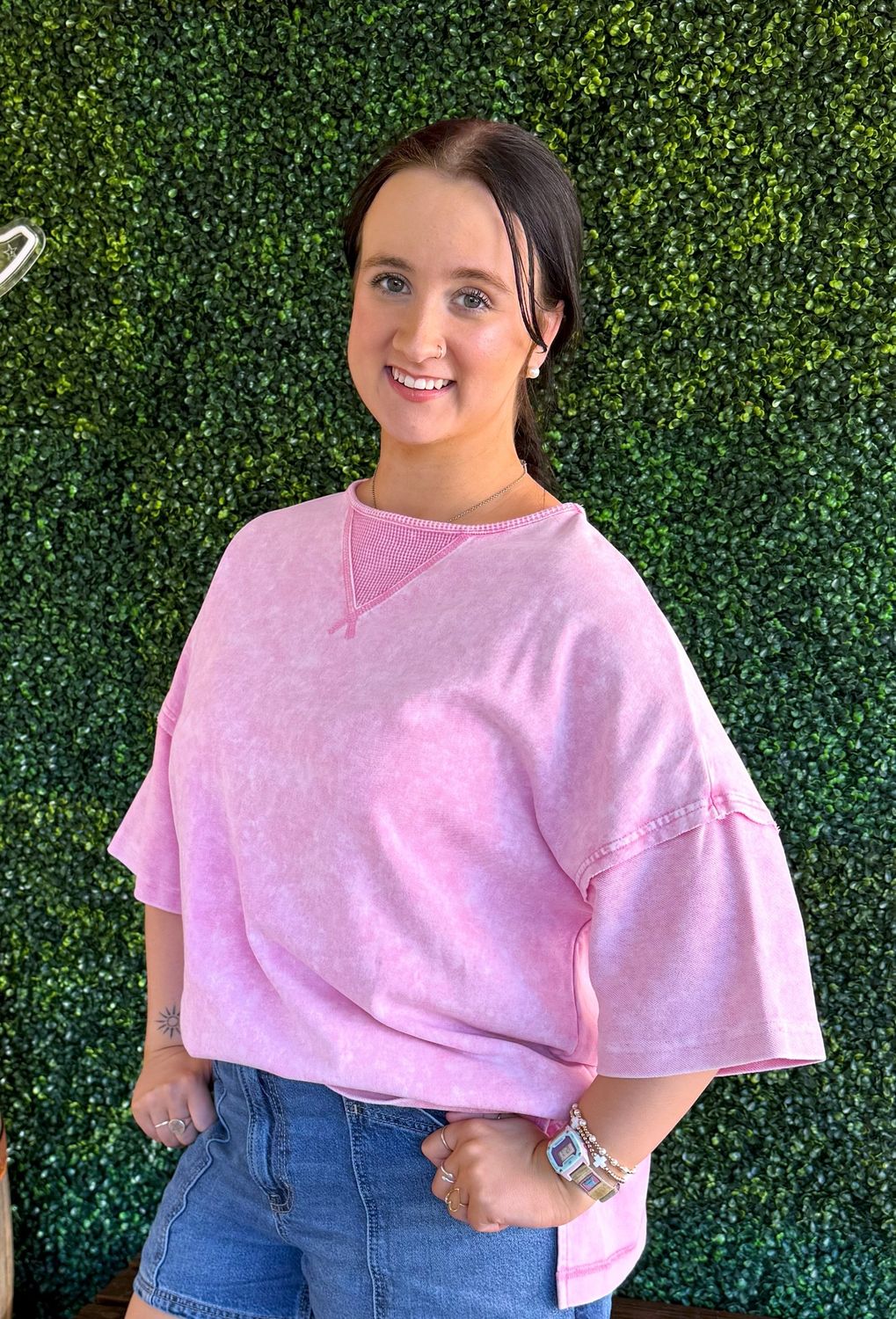 Mineral Wash Drop Sleeve Tee Plus Size, Color: Pink, Size: 1X