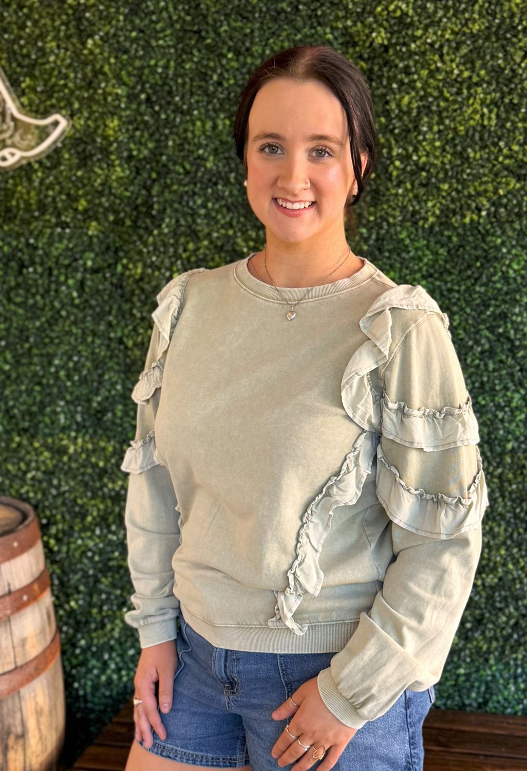 Ruffle Mineral Wash Long Sleeve Pullover Top, Size: Small