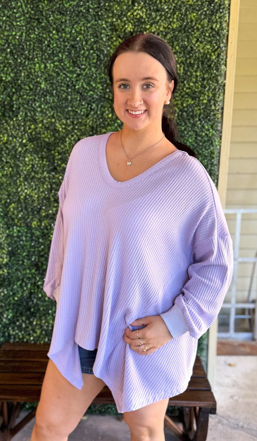 Waffle Knit Reserve Seam Top Plus Size, Color: Orchid Petal, Size: 1X