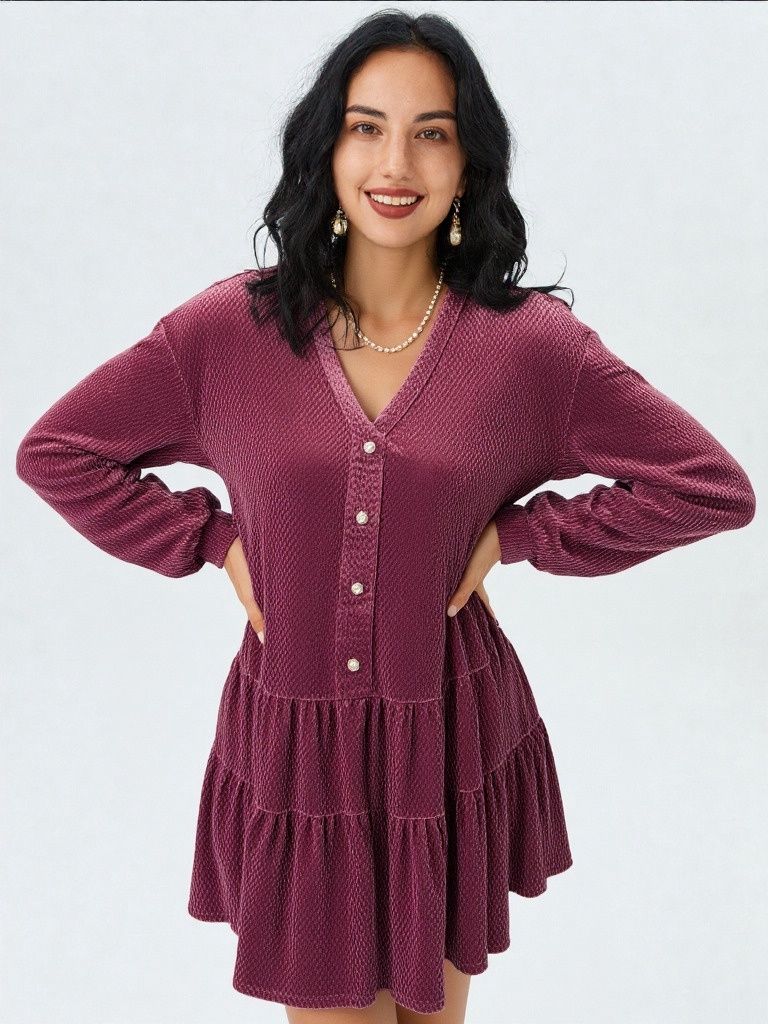 Tiered Textured Woven Long Sleeve Holiday Velvet Mini Dress With Pockets, Color: Burgandy, Size: Small
