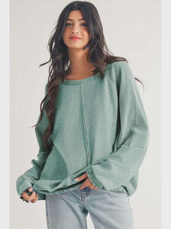 Ldc Waffle Knit Patchwork Exposed Seam Raglan Sweatshirt