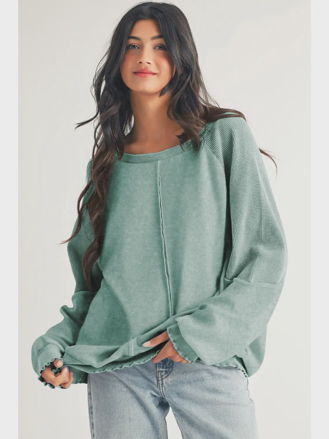 Ldc Waffle Knit Patchwork Exposed Seam Raglan Sweatshirt, Size: Small