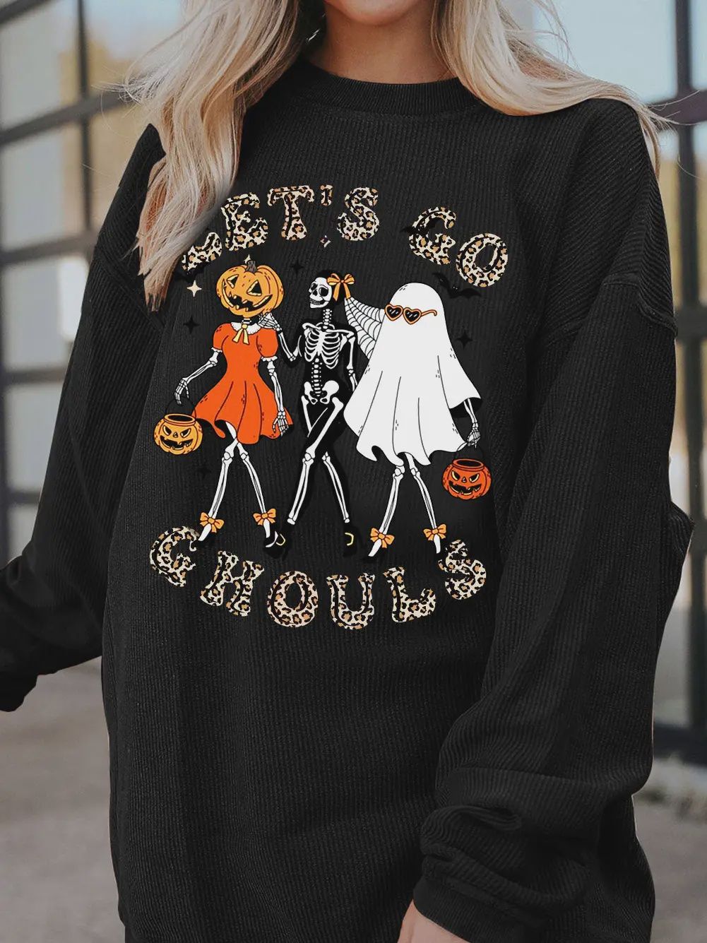 Halloween Spooky Crew Neck Pumpkin Skull Pullover Sweatshirt, Size: Small