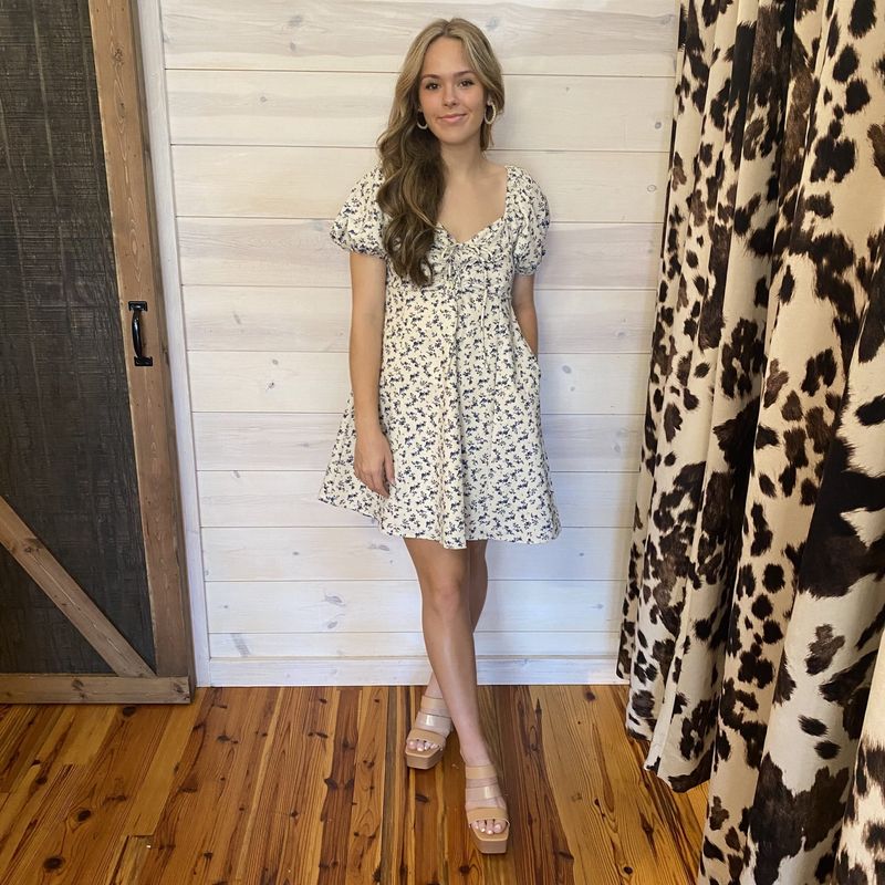 Floral print lace up front puff sleeve babydoll dress