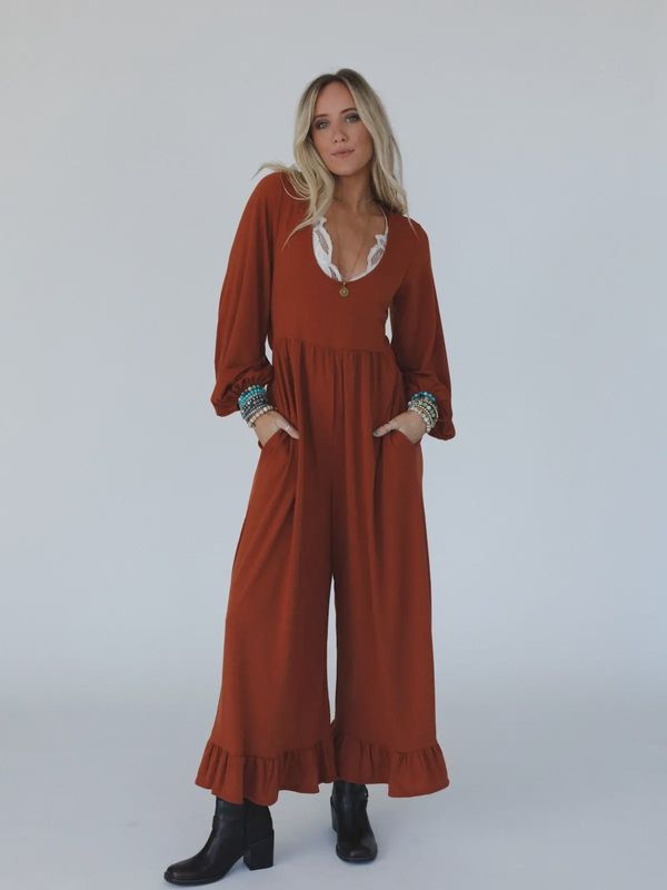 Best Intentions Long Sleeve Jumpsuit - Rust