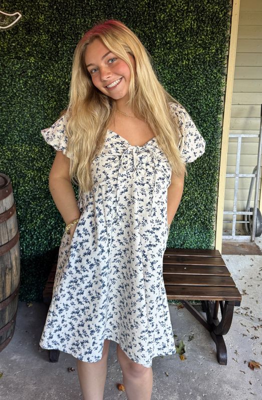 Floral print lace up front puff sleeve babydoll dress