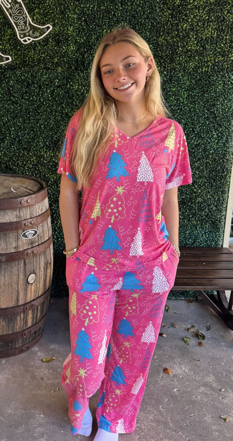Ldc Christmas Tree Print V Neck Tee and Pants Set, Size: Small