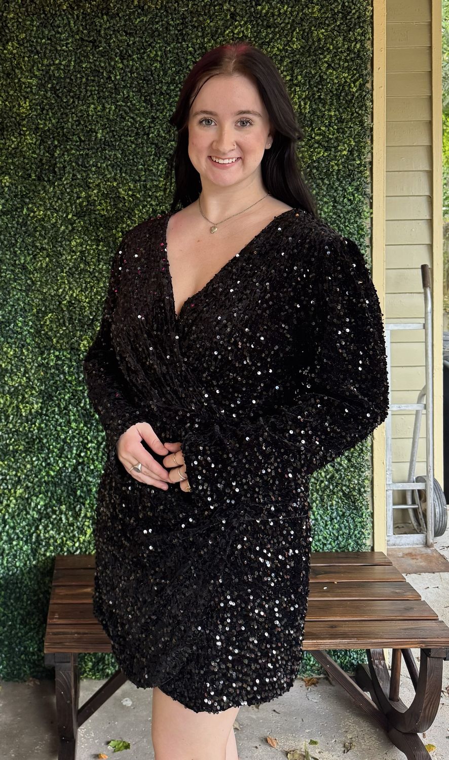 Sequin Glitter Holiday Party Wrap Mini Dress, Color: Black, Size: Small