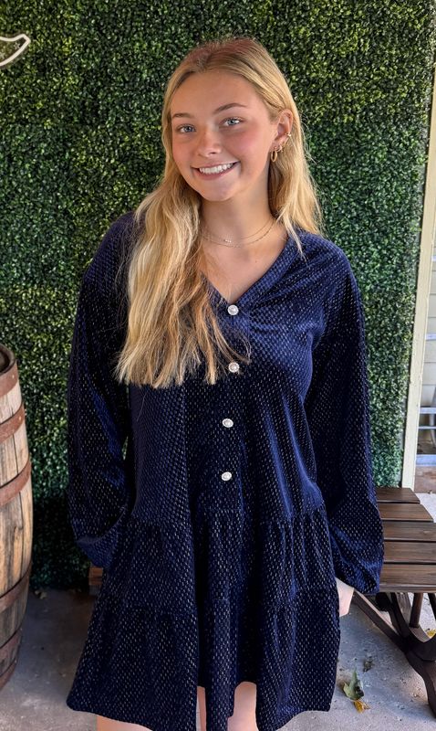 Tiered Textured Woven Long Sleeve Holiday Velvet Mini Dress With Pockets