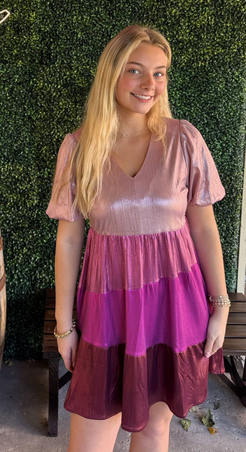 Shiny Knit Color Block Tiered Holiday Mini Dress, Color: Blush, Size: Small