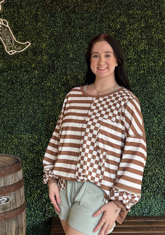 Ldc Checkerboard Striped Patchwork Lantern Sleeve Blouse