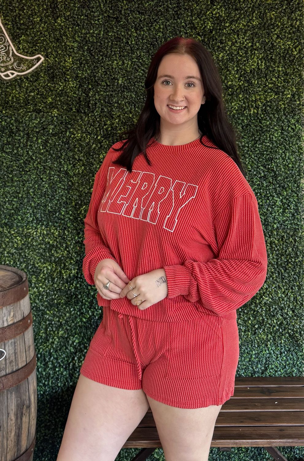 Racing Red Corded Merry Graphic Long Sleeve Top and Shorts Set, Size: Medium