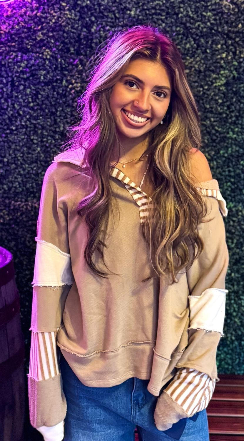 French Terry Knit Color-Block Collared Loose Fit Top, Color: Brown, Size: Medium