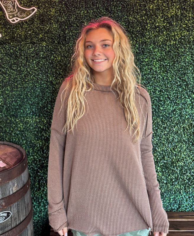 Raised Rib Raw Edge Boat Neck Long Sleeve Top