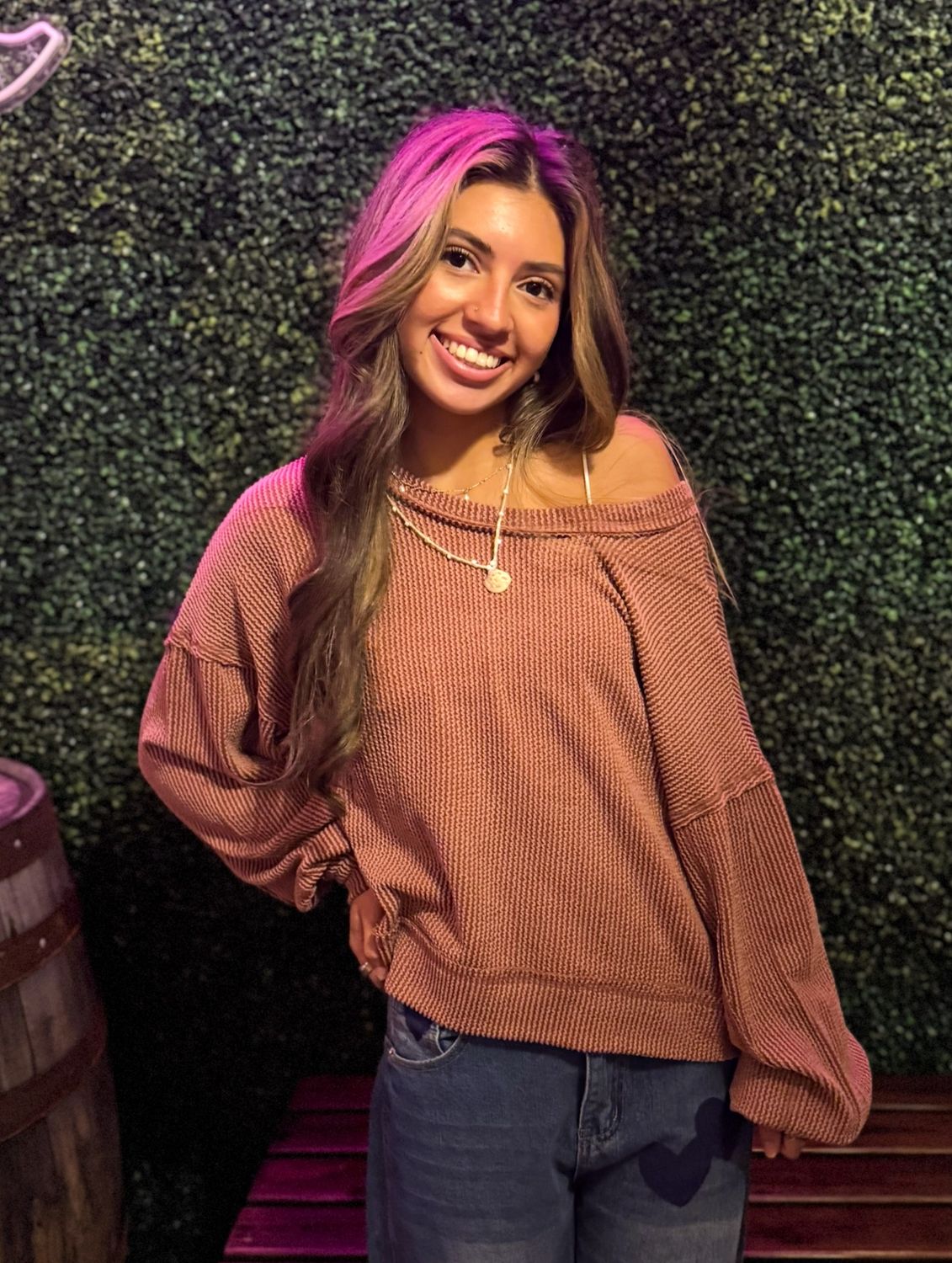 Two Tone Otto Ribbed Oversized Soft Comfy Knit Top, Color: Cedar Wood, Size: Small