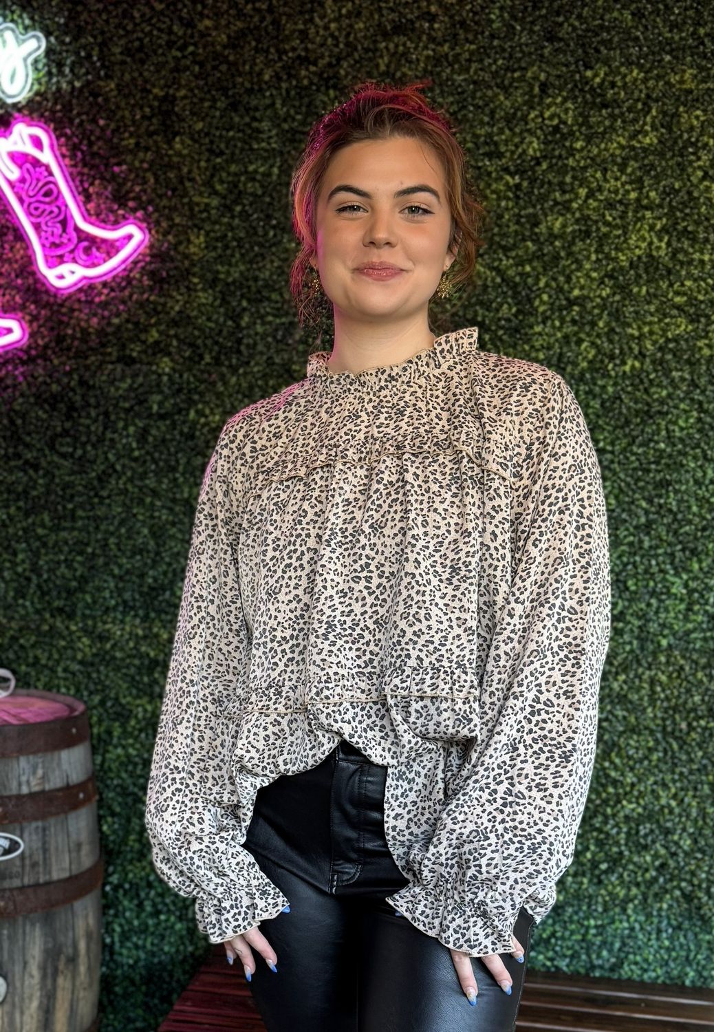 Leopard print ruffle detailed casual blouse top, Color: Brown Leopard, Size: 2X-Large