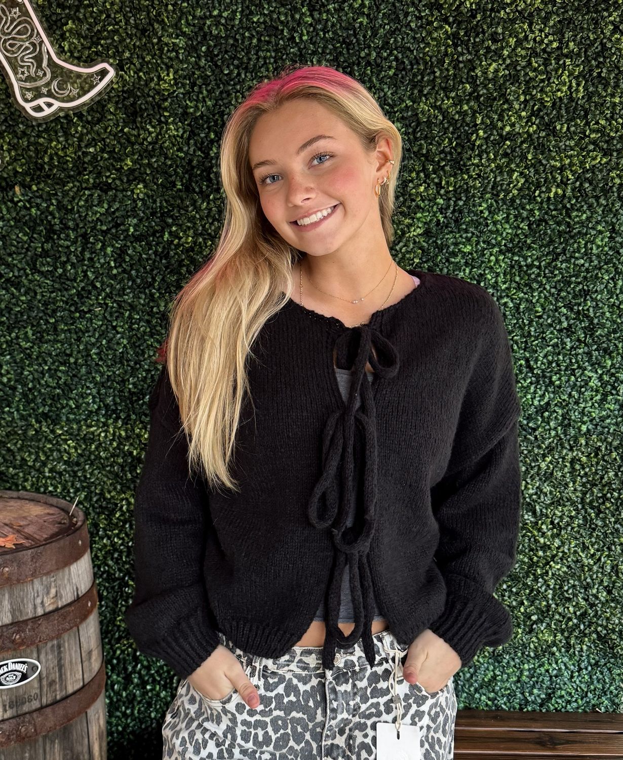 Plain Color Bow Lace Up Cardigan, Size: Small