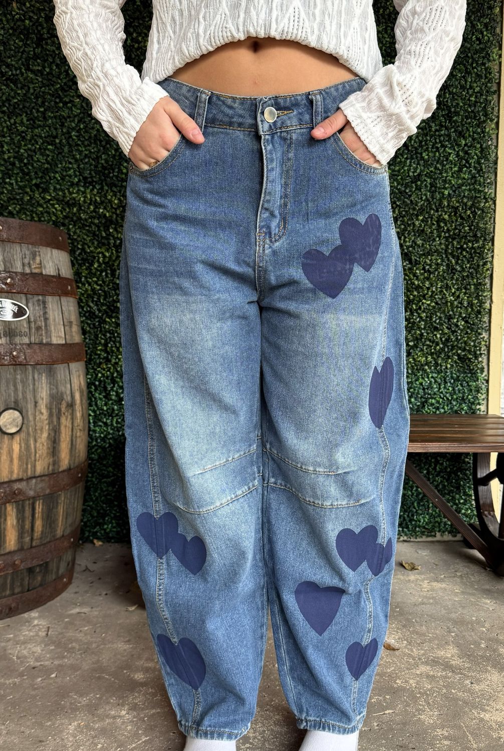 Heart Pattern Straight Jeans, Size: Small