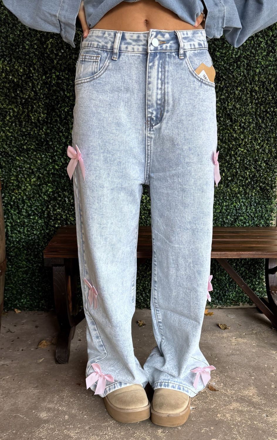 Bow Decoration Washed Street Straight Leg Jeans, Size: Small