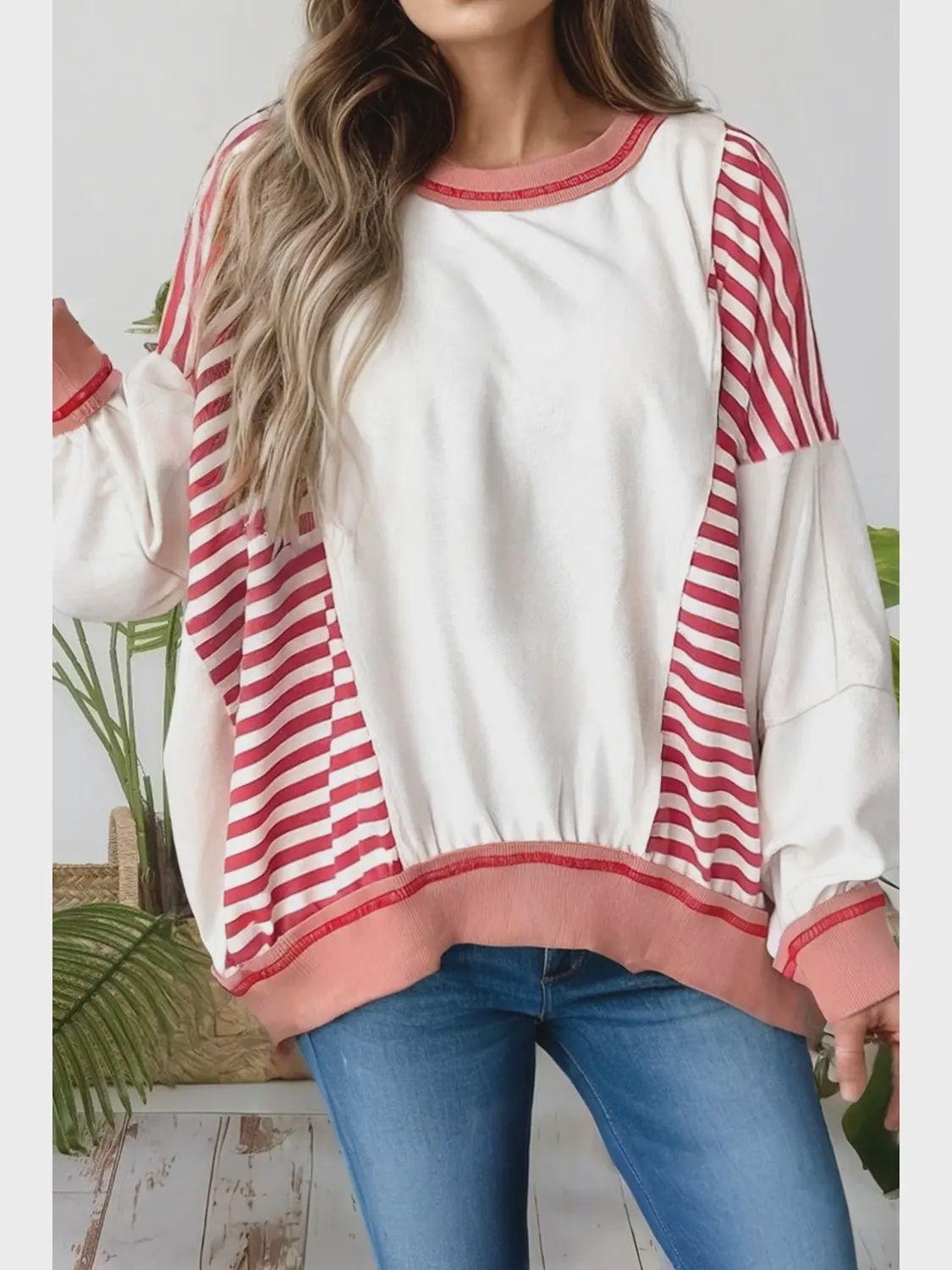 66 Stripe Colorblock Plus Size Oversize Sweatshirt, Size: Small