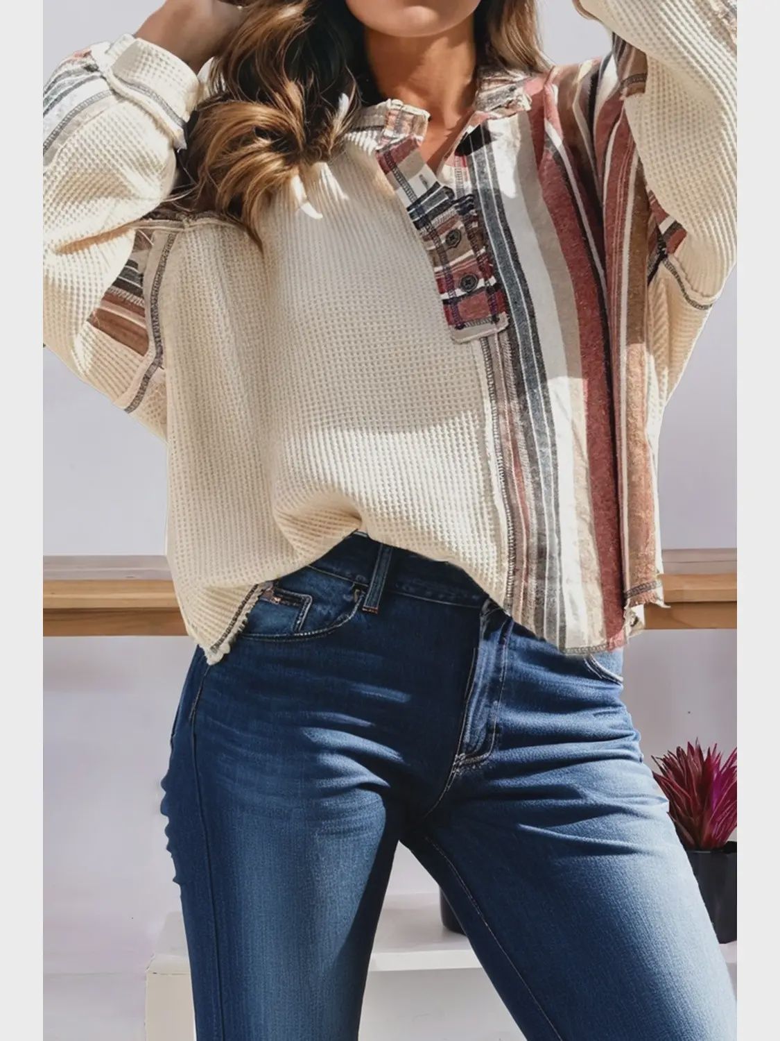 Fall 2025 Striped Waffle Patchwork Exposed Seam Raw Edge Top, Size: Small