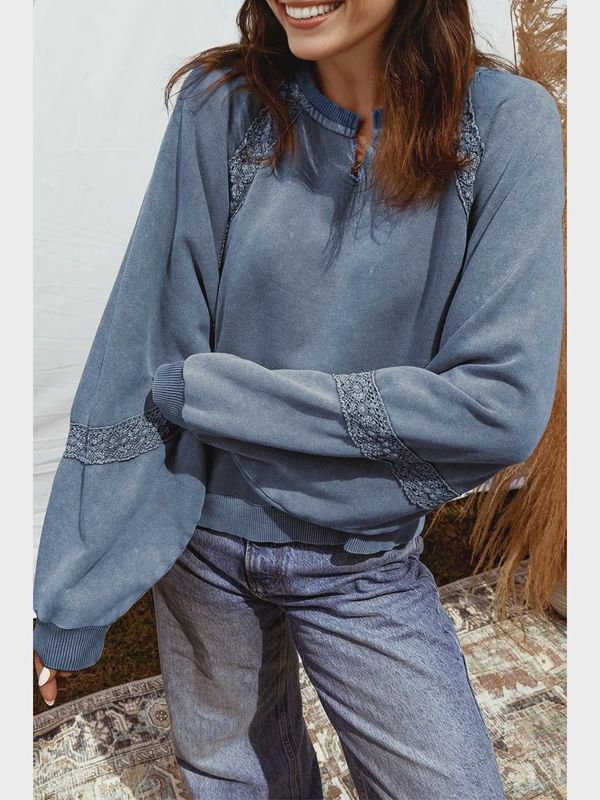 Solid Dahlia Lace Patchwork Mineral Wash Baggy Sweatshirt