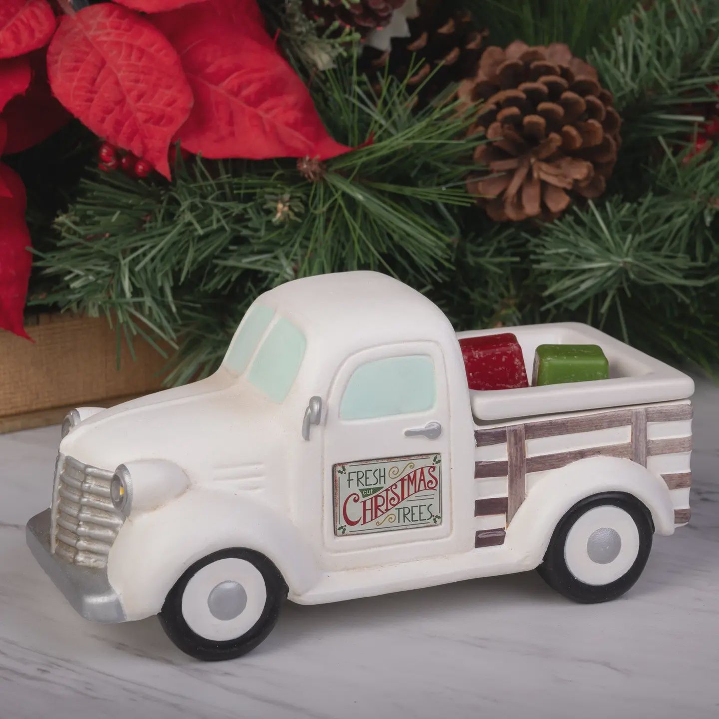 White Truck Fragrance and Wax Warmer with Two Holiday Signs