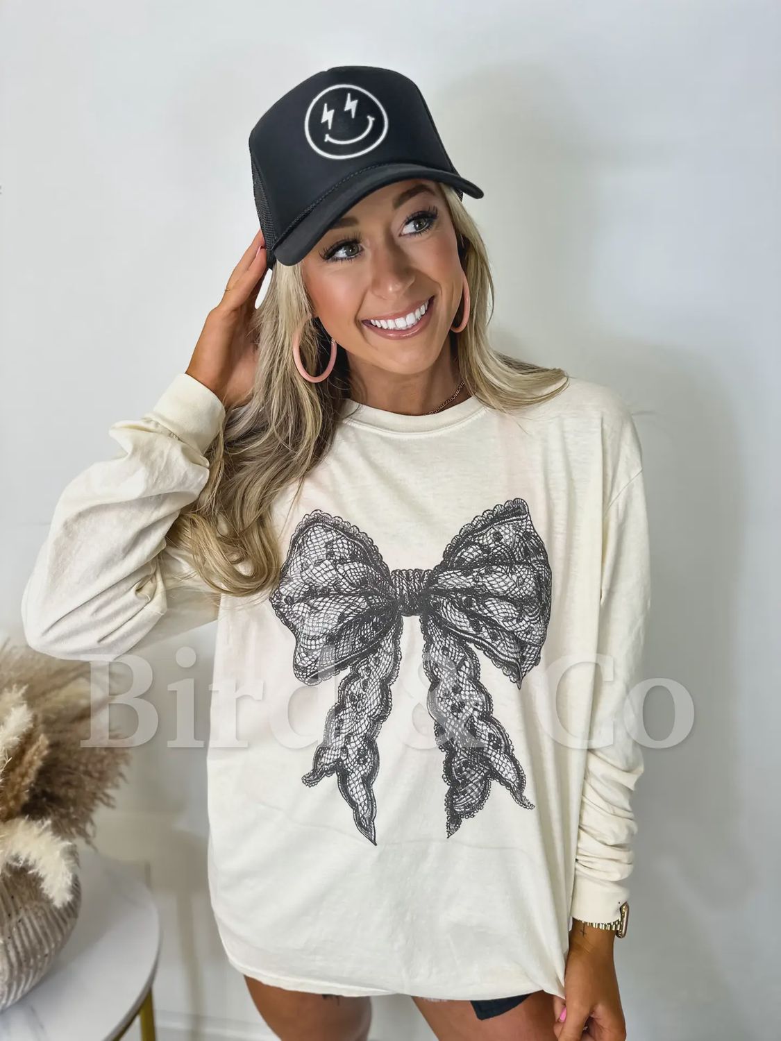 Coquette Lace Bow Ivory Long Sleeve Graphic Tee, Size: Small