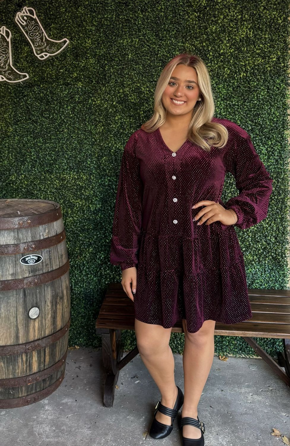 Tiered Textured Woven Long Sleeve Holiday Velvet Mini Dress With Pockets, Color: Burgandy, Size: Small
