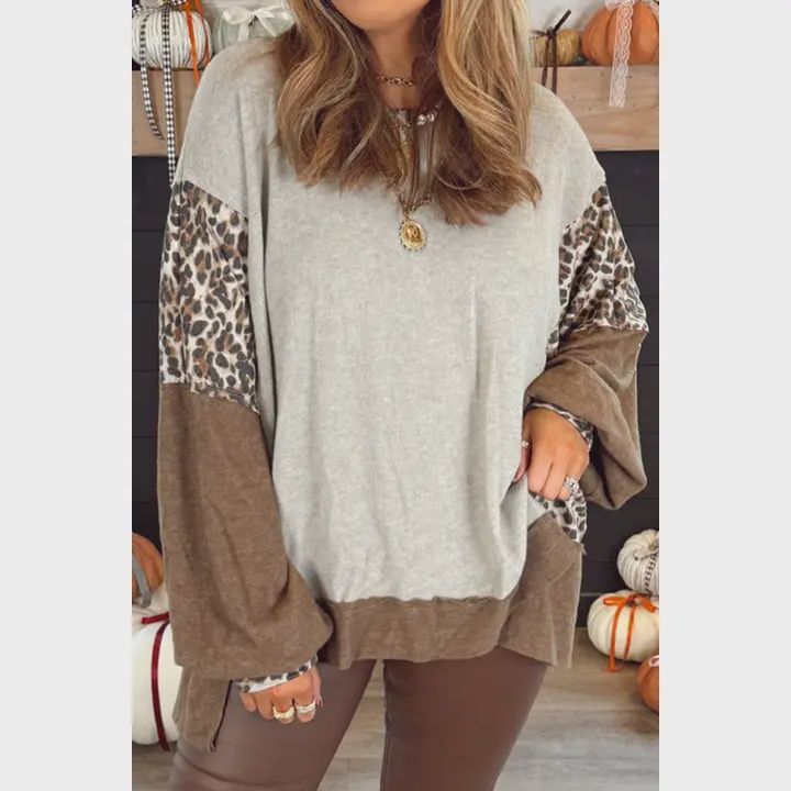 Leopard Color Contrast Bulky Top, Size: 1X-Large