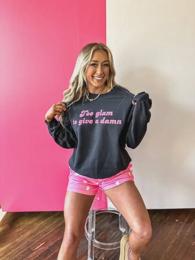 Too Glam To Give A Damn Black Graphic Crewneck, Size: Small
