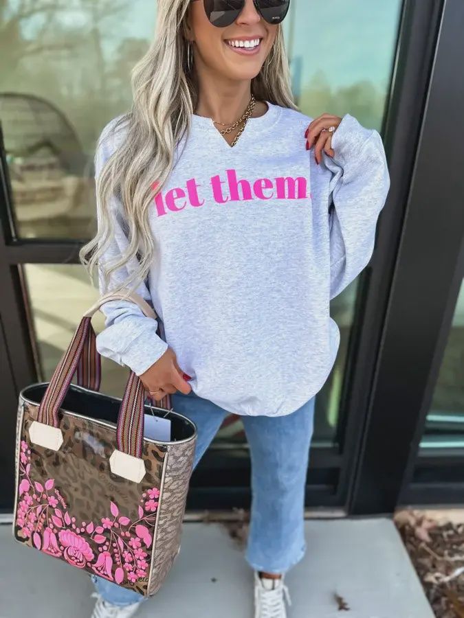 Let Them Ash Gray Split Neck Graphic Crewneck, Size: Small