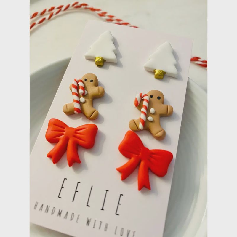 Christmas Stud Earrings Set | Gingerbread, Candy, Tree, Bow