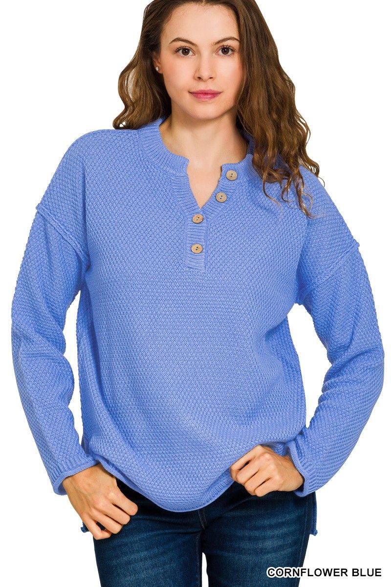 4 Buttons Henley Neckline Basic Sweater, Color: Cornflower Blue, Size: Small/Medium