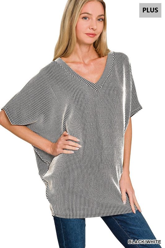Raised Rib V-neck Batwing Top