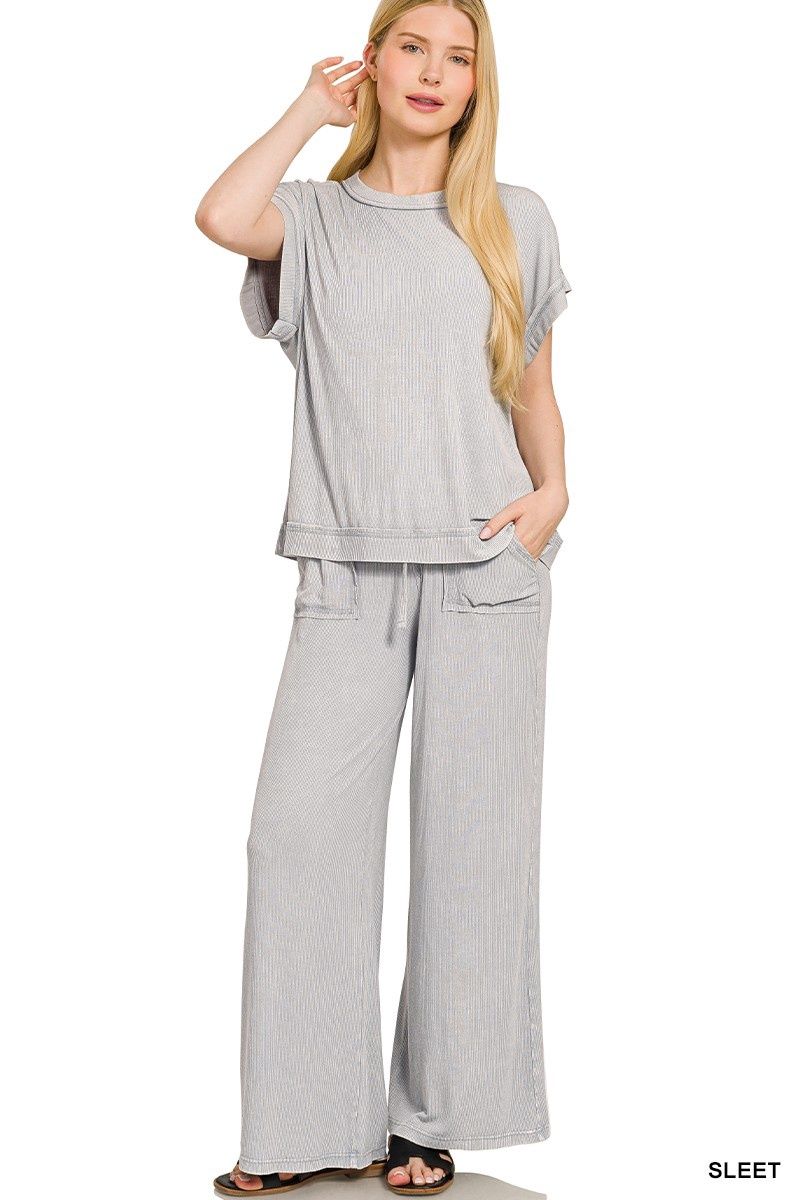 Ribbed Acid Wash Rayon Top &amp; Pants Set, Size: Small
