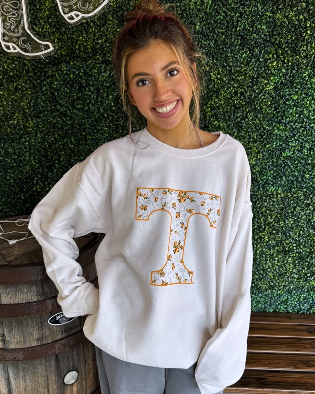 Orange Floral &quot;Power T&quot; Crew Sweatshirt