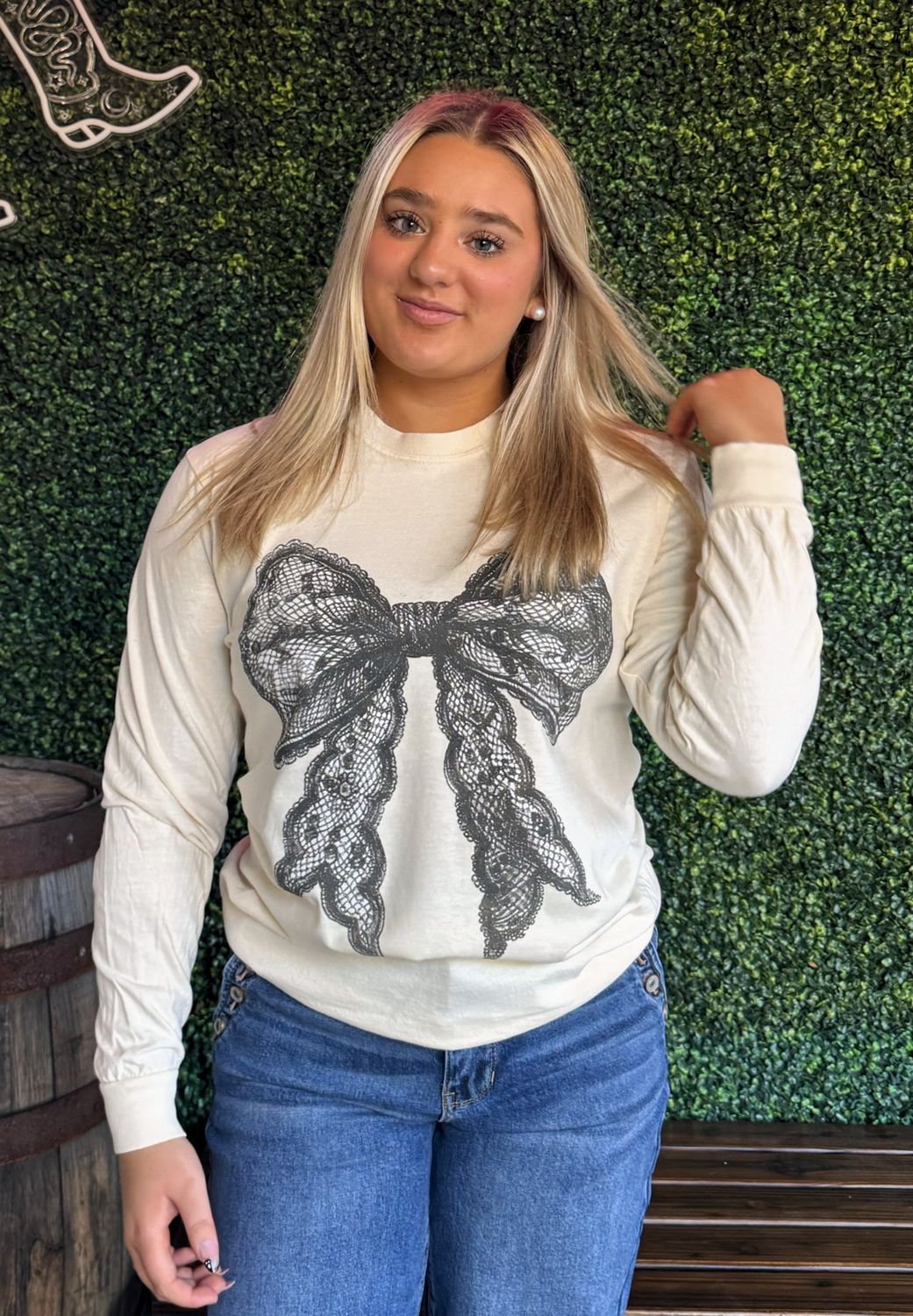 Coquette Lace Bow Ivory Long Sleeve Graphic Tee, Size: Small