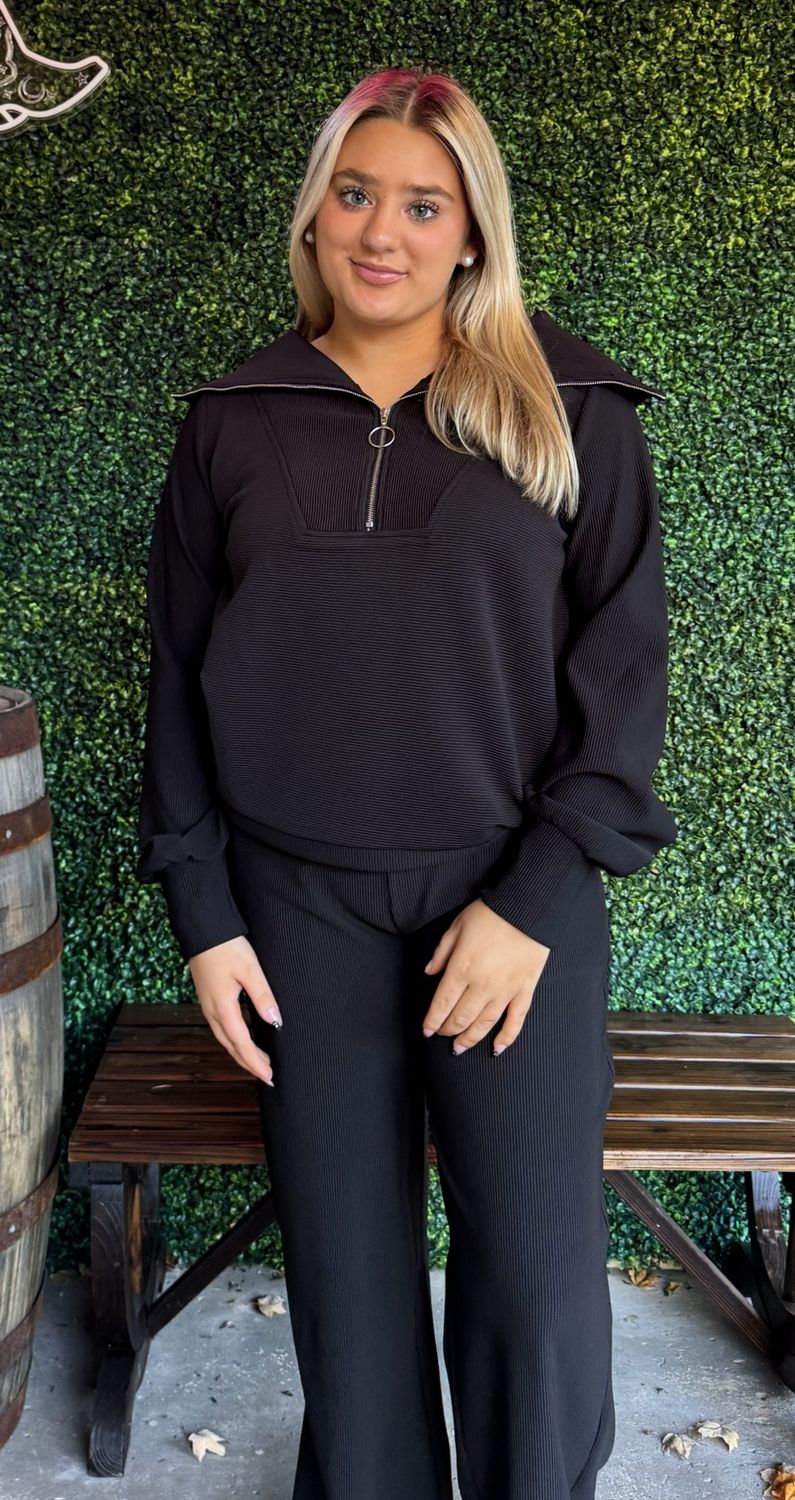 Ribbed High Neck Half Zip Pullover &amp; Pants Set, Color: Black, Size: Small